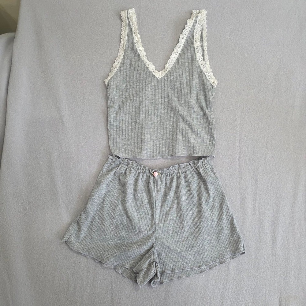 Sugarboo Grey Ribbed Lace Trim Pajama Set Coquette Sleepwear Lounge Shorts Set M